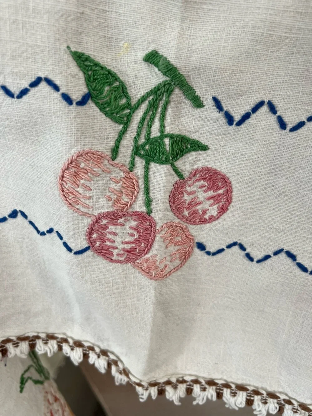 Vintage Embroidered Fruit Tablecloth Pineapple Pear Cherry Linen Cotton 37x47